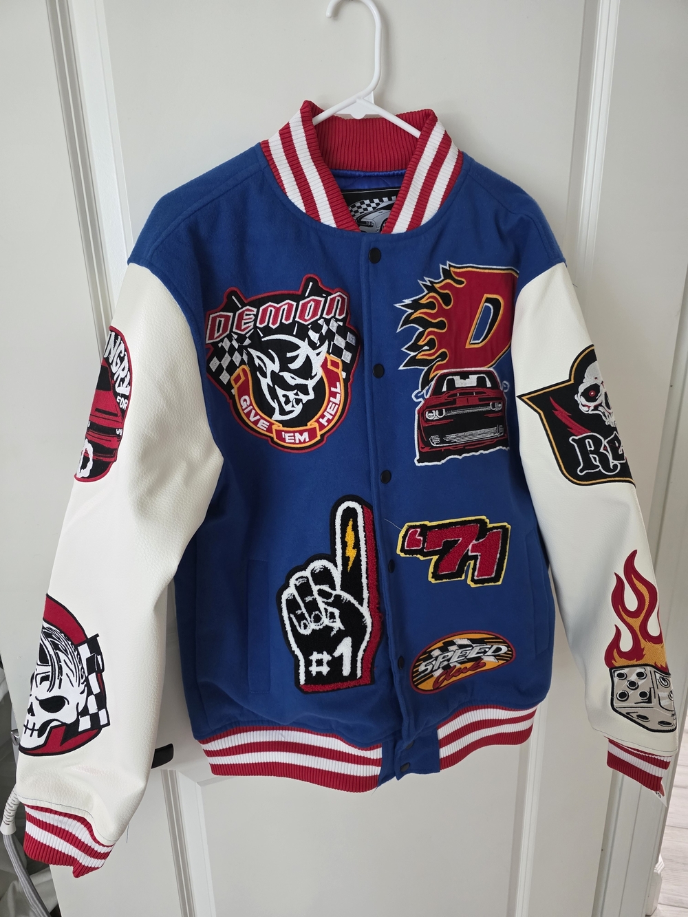 Reason Blue & White Patchwork Racing Patch Jacket with Red Trim